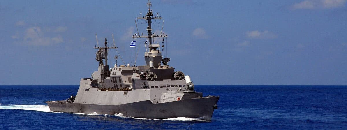 Israeli Navy Sa'ar 5 class corvette under way at sea, flying the Israeli flag